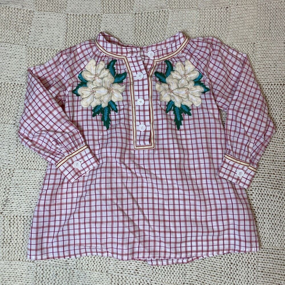 Antik Batik Anthropologie Tarifad Embroidered Floral Applique Red Gingham Blouse